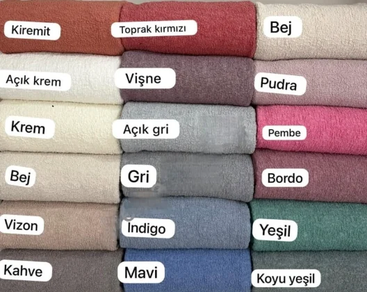 Bohem fabric colours stacked on a shelf with their names